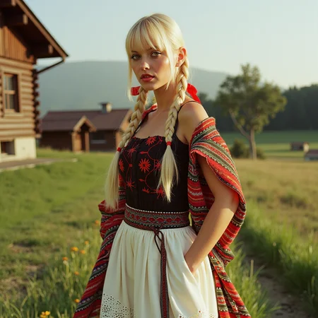 analog photography, shot by Kodak Duaflex II, ultra detailed, ultra quality, cinematic, dynamic posing, sensual pose, bangs, a mesmerizing woman with platinum blond hair woven into an elegant braid, adorned with bright red ribbons, standing in a lush meadow. She wears a traditional Romanian blouse (ie) with intricate black and red embroidery, symbolizing fertility and protection. Her flowing white skirt features delicate floral lace along the hem, and a wide, beaded belt accentuates her waist. Over her shoulders, she drapes a vibrantly woven wool shawl with geometric patterns. Her gaze is soft and mysterious, her Slavic cheekbones illuminated by the golden sunset as she stands near a quaint wooden village. <lora:Janacovaxhres-grm80vx:1> jancov