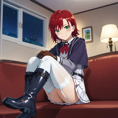 masterpiece, best quality, score_9, score_8_up, score_7_up, full body, 1 girl, looking at viewer, cowboy shot, dutch angle, indoors, sitting on couch, living room, night, blush, smile, amyu, green eyes, red hair, short hair, latex school uniform, garter straps, pleated latex skirt, white latex thighhighs, latex thighhighs, brown latex boots, flat boots, brown latex gloves