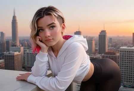 score_9, score_8_up, score_7_up, score_6_up, 1girl, spider gwen, multicolored hair, ultra realistic, 8k, superfine detail, professional portrait photo, standing, relaxed, tight hoodie, multi-colored hair, rooftop, New York City skyline at sunset, black leggings, facing the skyline, concerned, lost in thought