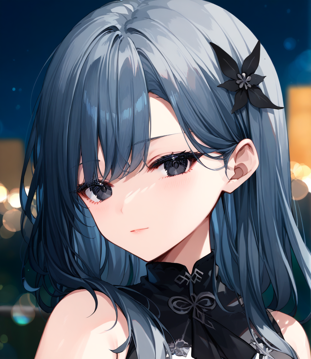 score_9, score_8_up, score_7_up , source_anime,
 1girl,  close-up, eye, masterpiece, ultra detailed, black hair ornament, looking at viewer, bokeh, night, black eyes, grey hair,
 <lora:hizukis_xl:0.9>