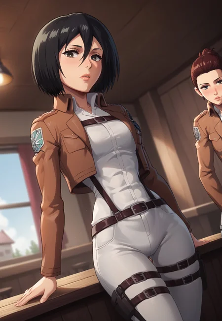 safe_pos, score_9, score_8_up, score_7_up, score_6_up, score_5_up, score_4_up, BREAK source_anime, tavern background, standing, leaning back on the table, teasing perfect body, provocative pose, stylish angle and field of view, shallow depth of field, <lora:paradis-military-uniform-ponyxl-lora-nochekaiser:1>, paradis military uniform, belt, cloack, cropped jacket, emblem, green cloak, jacket, long sleeves, pants, shirt, thigh strap, uniform, white pants, white shirt, brown jacket, Mikasa Ackerman, 1girl, (thin waist), small breasts, flirting with viewer, (arching her back), 
