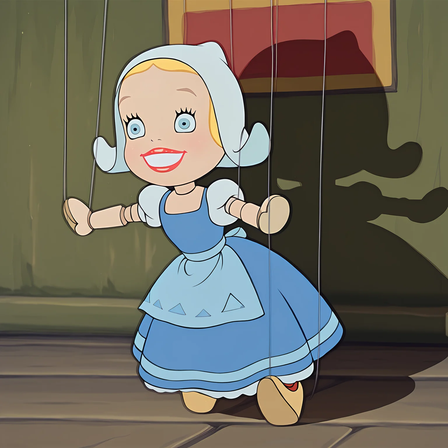 absurdres, 8k, high resolution, masterpiece, best quality, absolutely fantastic art, amazing quality, very aesthetic,1girl, solo, full body, <lora:dancingpuppets>, dutch, blue eyes, blonde hair, dress, apron, blue dress, red lips, grin, puppet strings