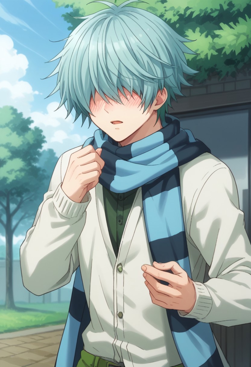score_9, score_8_up, score_7_up, source_anime, highly detailed, 
kouta, 1boy, solo, scarf, male focus, hair over eyes, striped, aqua hair, striped scarf, pants, green pants, jacket, white jacket, upper body, blush, panicking, hands up,
outdoor, sky, tree