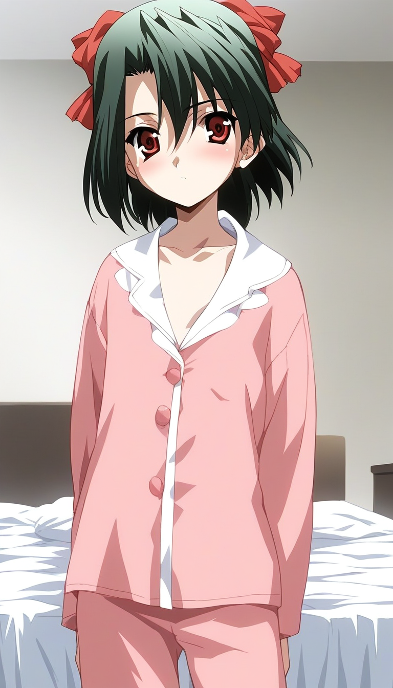 score_9, score_8_up, score_7_up, source_anime, rating_explicit, BREAK  <lora:Kiyoura_Setsuna_XL:1> Kiyoura_Setsuna, green hair, short hair, ribbon, red eyes, hair ribbon, flat chest,hair between eyes, bangs, short twintail,
pink pajamas, long pants, blush,
bed room,
looking at viewer, 
cowboy_Shot,