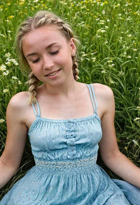 epiCRealism, profesional portrait in UHD of a ((blonde girl with intricate detailed braids)), ((ultra-dynamic angle)), reclined and basking in the radiant beauty of a blooming meadow , happy, smiling, half closed eyes, relaxed, wearing a translucent light blue sundress with very thin straps that slip down from her shoulders revealing the curve of her breasts, perspiration, blush, freckles, natural skin, puffies, a golden pendant matching small golden earrings, eyedetailpxl