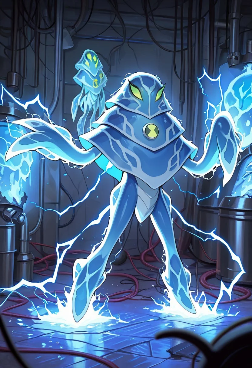 masterpiece, best quality, amazing quality, very aesthetic, absurdres, newest,, detailed background,
ampfibian, full body, pokemon (creature), no humans, colored sclera, green eyes, blue skin, tentacles, extra eyes, colored skin, squid, jellyfish, no mouth,
LightningBeing, electricity, glowing skin, dynamic pose, sci fi lab, foreground blur, metal pipes, cables, destroyed sci fi lab,