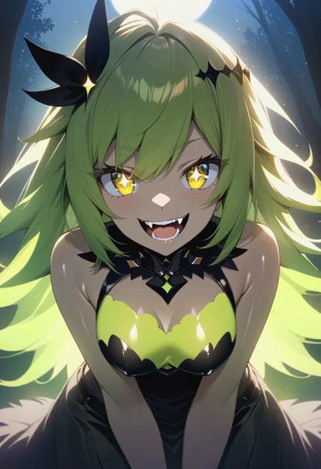 monster_girl,slime,solo,shiny_skin,sparkling eyes,fangs,evil smile,<lora:anime enhancer V3 xl:1>,volumetric,light,shadow,deep shadow,extremely detailed,full_moon,Dreamy forest,night_sky,
