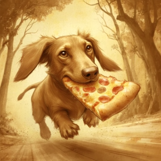 image in D3CSPS-V1.0 almost sepia, style that features a dachshund running away with a big slice of pizza in his mouth