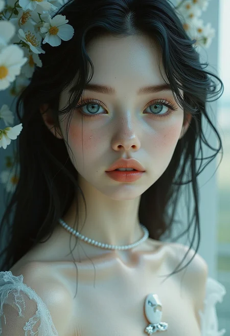 This is a highly detailed, digital artwork featuring a young woman with a surreal, ethereal quality. The artwork is rendered in a hyper-realistic, dreamlike style, blending elements of fantasy and nature. The subject is a young woman with porcelain skin and a delicate, almost ethereal appearance. She has long, dark hair cascading around her shoulders and striking, almond-shaped eyes with a soft, dreamy gaze.