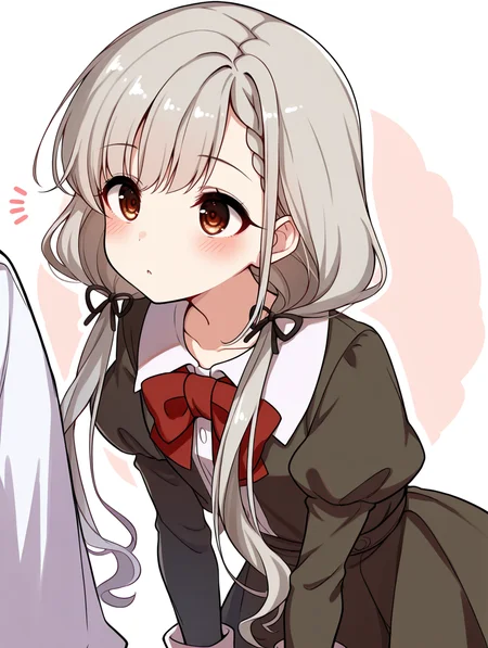 masterpiece,best quality,very aesthetic,absurdres,highres,newest,
hskwng school,hisakawa nagi,
asymmetrical bangs,bow,bowtie,braid,braided bangs,grey hair,hair ribbon,
juliet sleeves,long hair,long sleeves,puffy sleeves,red bow,red bowtie,
twintails,black ribbon,blush,brown eyes,collared shirt,
dress shirt,low twintails,shirt,skirt,white shirt,
black jacket,black skirt,black dress,
dress,
eyebrows visible through hair,
eye_focus,<lora:eye_focus:1>,
<lora:idolmaster_hisakawa_nagi_school_ill_v1.0:1>,