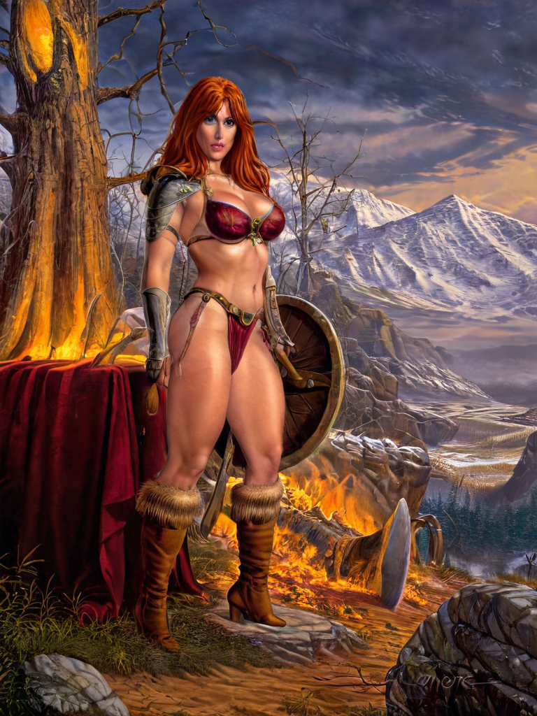 (((nude fantasy illustrations of by Elmore_Style_LX))) , standing pose, Witches and warriors, sexy, skimpy, slutty, red head  supermodel witch, adventure, cinematic, epic outdoor location, fantasy illustration, cinematic scene by forgotten realms, 1woman barbarian, skimpy armor, Huge breasts, bikini armor, sexy barbarian nude , with sword with a magic items, in the background epic winter sunset Fantasy masterpiece by Larry Elmore , dragonlance , <lora:Elmore_Style_LX-000010:0.8>