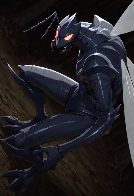 masterpiece, best quality, score_9, score_8_up, score_7_up, score_6_up, score_5_up, score_4_up, source_furry, , male, anthro, Beru, ant, black ant, wings, at night, dark theme, (dynamic pose:1), three quarter view, manga shadding, simple sahdding, (solo:1), (3 toes:1), sportive figure, (gaster:1.2), side view, (nice angle:1.4), fullbody