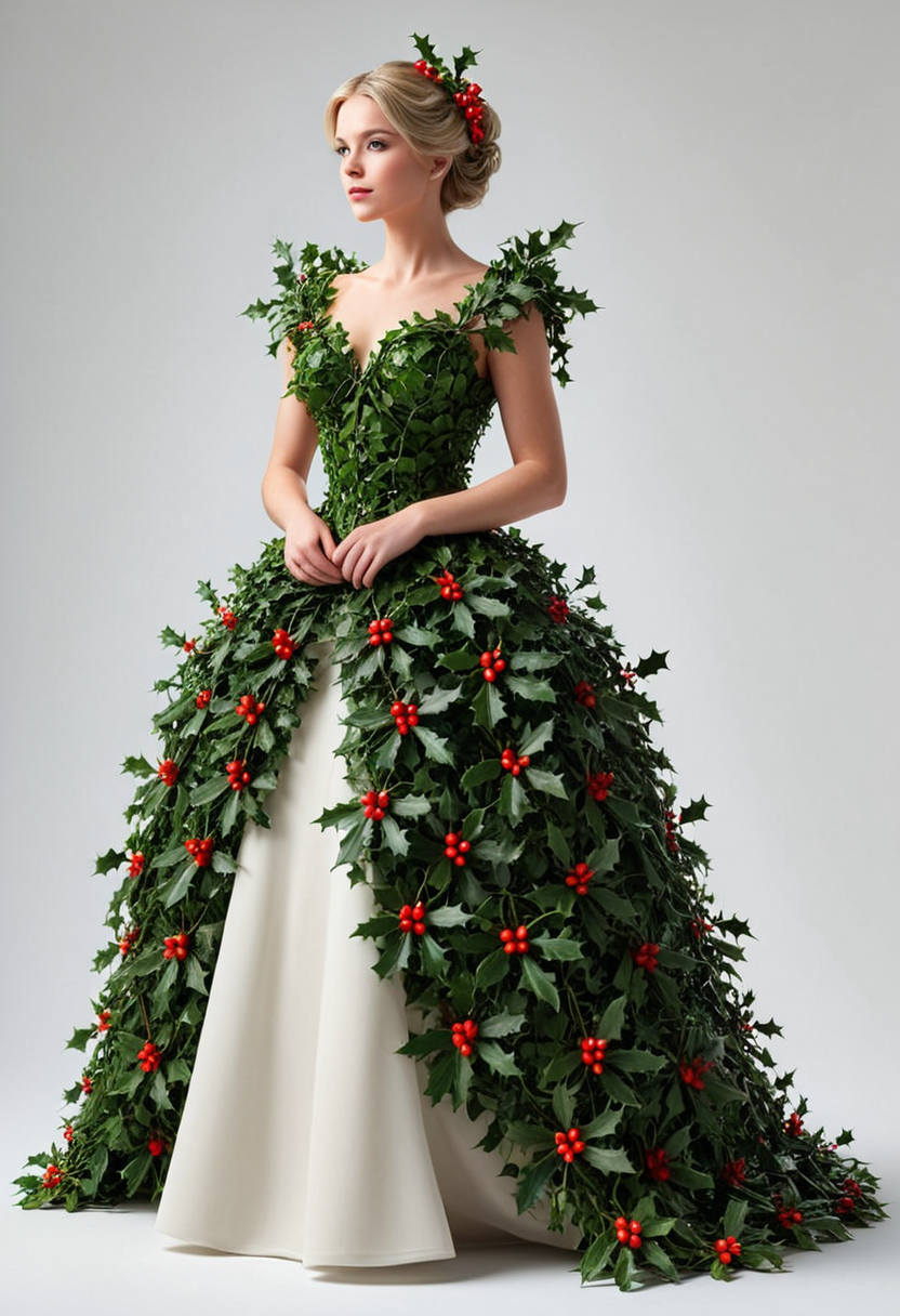 M1STL3T03, (medium full shot) of A woman wearing a dress made of holly mistletoe, , best quality, masterpiece