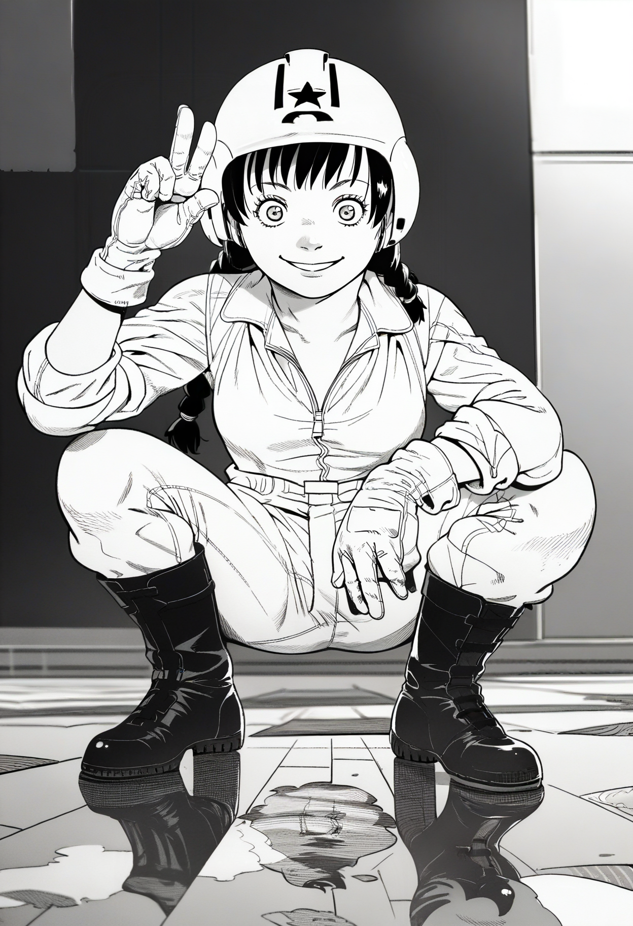 score_9, score_8_up, score_7_up, score_6_up, source_anime, <lora:mion_hoshioka:1>, monochrome, greyscale,
mion_hoshioka, 1girl, solo, twin braids, helmet,
jumpsuit, sleeves rolled up, gloves, boots,
looking at viewer, squatting, v sign, smile, reflective floor,
