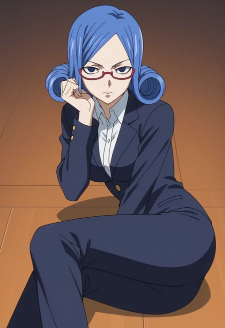 score_9, score_8_up, score_7_up, anime screencap, BREAK, 1girl, (solo:1.2),   <lora:DX888Juvia:1>, juvia lockser, blue hair,  curly hair, blue eyes, short hair,  ,   BREAK solo , on ground, on side,  looking at viewer, elbow rest,,  office lady,  white shirt, black pants,  black jacket,  eyeglasses ,  secretary,