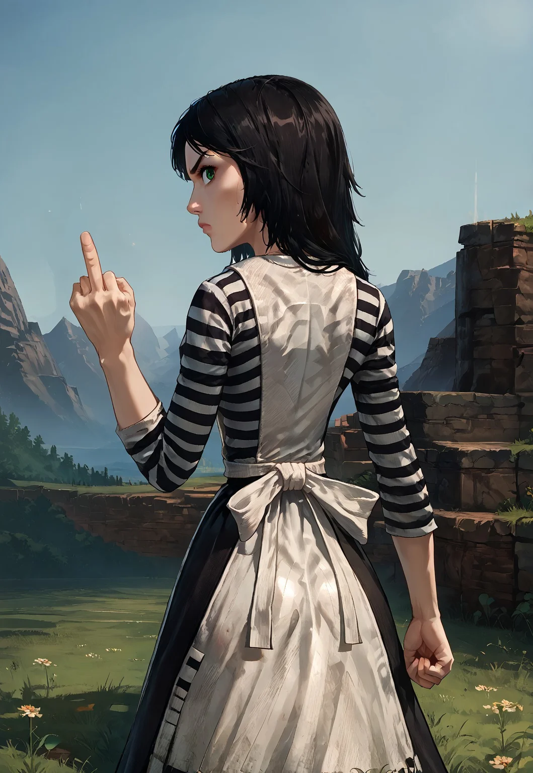 SCORE_9, SOURCE_ANIME, SOLO, 1GIRL, ALICE LIDDELL, BLACK HAIR, GREEN EYES, WHITE SHIRT, STRIPED SHIRT, APRON, BLACK DRESS, CLENCHED FIST, FROM BEHIND, LOOKING BACK, MIDDLE FINGER, MAD, PORTRAIT, BREAK, GRASSY FIELD, SUNSHINE, BLUE SKY
