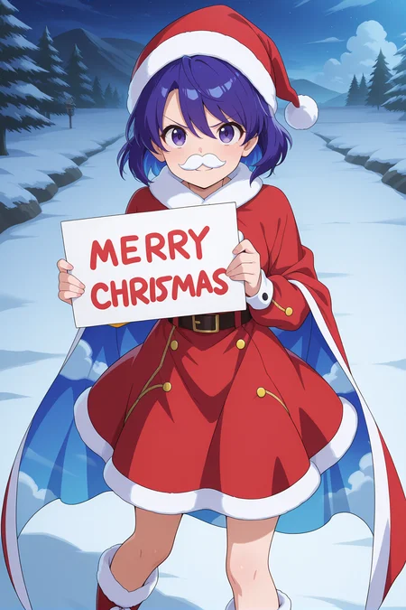 absurdres, highres, masterpiece, best quality, amazing quality, official anime artwork, screencap, anime screencap, outdoors, looking at viewer, light smile, dynamic pose, standing,
<lora:Chimata-Tenkyuu_Illustrious:1> tenkyuu chimata, 1girl, solo, purple eyes, blue hair, shot hair,, tenkyuu chimata \(the competitive end-of-year market has begun\), alternate costume, v-shaped eyebrows, fake mustache, red dress, santa costume, belt, christmas, fur-trimmed dress, red boots, fur-trimmed boots, cape, santa hat, fur-trimmed headwear, holding sign,