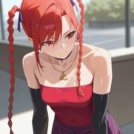 (best_quality, detailed, masterpiece, very_aesthetic, absurdres), general, m.q \(mqkyrie\), (zuharu:0.5)
BREAK
1girl, small breasts, upper_body, adult, ambient occlusion, ray tracing, shiny skin, blurry background, shadow
BREAK
sumiresmtnine, red hair, long hair, twin tails, choker, hair ribbon, earrings, necklace, red tube top, sleeveless, black elbow gloves, brown gloves, purple skirt