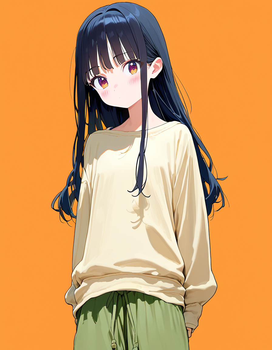score_9, score_8_up, score_7_up, 1girl, petite, cute, blush, long hair, black hair, looking at viewer, arms at sides, baggy pants, simple background, cowboy shot, closed mouth, long sleeves, sweater, film grain, , <lora:ishikeiPony:1>