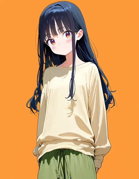 score_9, score_8_up, score_7_up, 1girl, petite, cute, blush, long hair, black hair, looking at viewer, arms at sides, baggy pants, simple background, cowboy shot, closed mouth, long sleeves, sweater, film grain, , <lora:ishikeiPony:1>