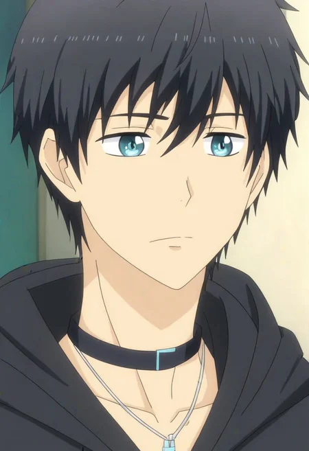 high resolution, solo, best quality, 1Boy, Arata Kaizaki, Black Hair, Blue Eyes, bangs, necklace, choker, hair between eyes, Hoodie, OverallDetail
