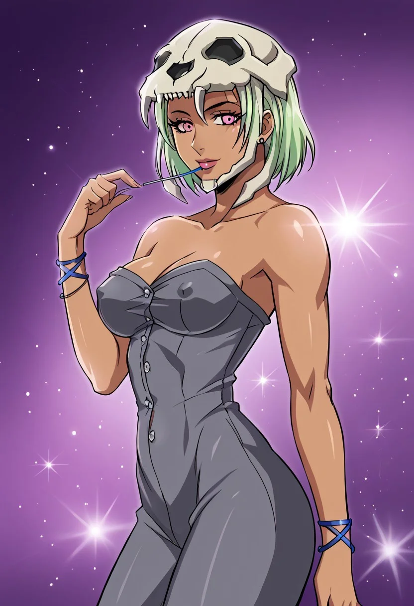 CastraDP, 1girl, solo, dark skinned female, mint green hair, light green hair, bob cut, pink eyes, pink irises the shape of an X, lips, animal skull on her head, large grey dress shirt, large breast, blue bracelets, pink shoes, jewelry, bare shoulders, lollipop, cleavage, wide hips, tattoo on collarbone,
seductive pose, sexy pose, tease, in the spotlight,,
smile, jojo reference, indoors,
score_9, score_8_up, score_7_up, beautiful aesthetic, very intricate, high quality details,vibrant, highly detailed, award-winning, professional,anime artwork, anime style, studio anime, athletic, curvy body, athletic girl, perky tits,large breast,perfect tits, round breasts, nipple outline,looking at viewer, pinup pose,teasing, dynamic lighting, cinematic, smug, better than you, aura of temptation, highly detailed, high resolution, masterpiece, detailed clothes, detailed background, highly detailed, ((sound effects)) comic layout,