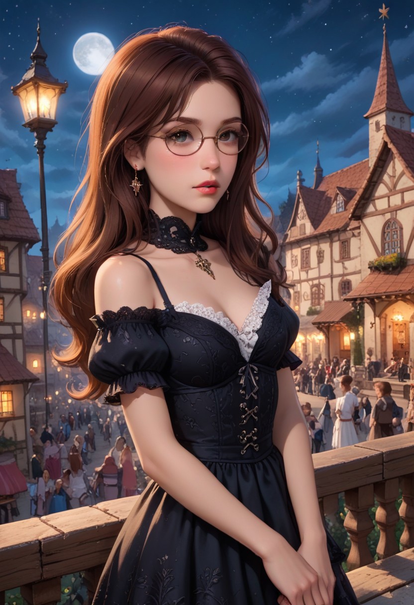 score_9, score_8_up, score_7_up, masterpiece, illustration, the best quality, ((solo)), 1girl, beautiful tender 18 years, lipstic, eyewear, small chest, small ass,
1 girl, 21+ years, 
dariaTV, glasses, brown hair, long hair, round-rimmed eyewear, lips, dot eyes, bored eyes, expressionless,
Luxurious, beautiful, gothic Blac dress (lace, frills)
Night, stars, only one Moon, 
 on rooftop, on top of medieval town, night time,
dynamic angle, cowboy shot, dynamic pose, cute, realistic, wide shot,