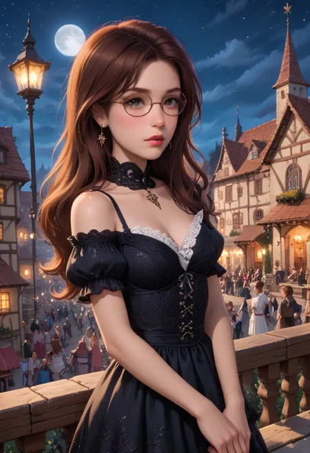 score_9, score_8_up, score_7_up, masterpiece, illustration, the best quality, ((solo)), 1girl, beautiful tender 18 years, lipstic, eyewear, small chest, small ass,
1 girl, 21+ years, 
dariaTV, glasses, brown hair, long hair, round-rimmed eyewear, lips, dot eyes, bored eyes, expressionless,
Luxurious, beautiful, gothic Blac dress (lace, frills)
Night, stars, only one Moon, 
 on rooftop, on top of medieval town, night time,
dynamic angle, cowboy shot, dynamic pose, cute, realistic, wide shot,