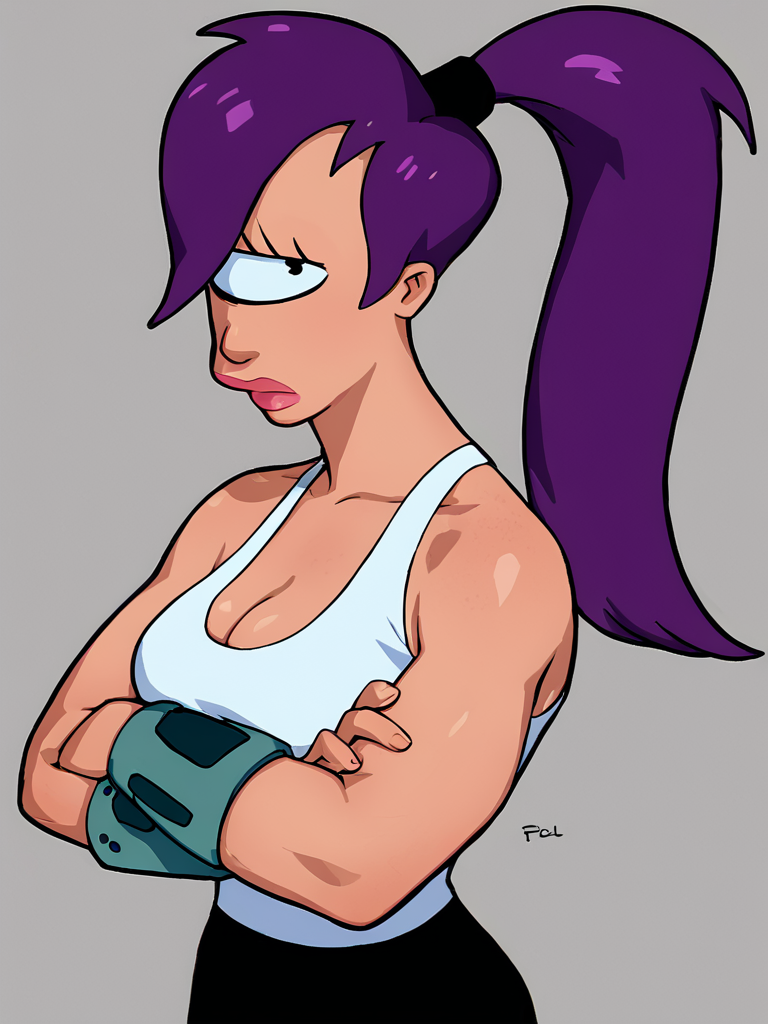 <lora:LeelaPony1.0:1> leela, 1girl, purple hair, one-eyed, cyclops, ponytail, long hair, solo, breasts, cleavage, white tank top, black pants, boots, lips,looking at viewer, crossed arms,, score_9, score_8_up, score_7_up, score_6_up