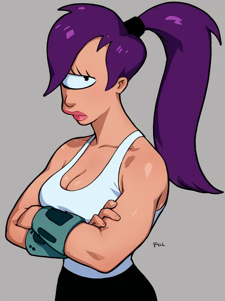 <lora:LeelaPony1.0:1> leela, 1girl, purple hair, one-eyed, cyclops, ponytail, long hair, solo, breasts, cleavage, white tank top, black pants, boots, lips,looking at viewer, crossed arms,, score_9, score_8_up, score_7_up, score_6_up