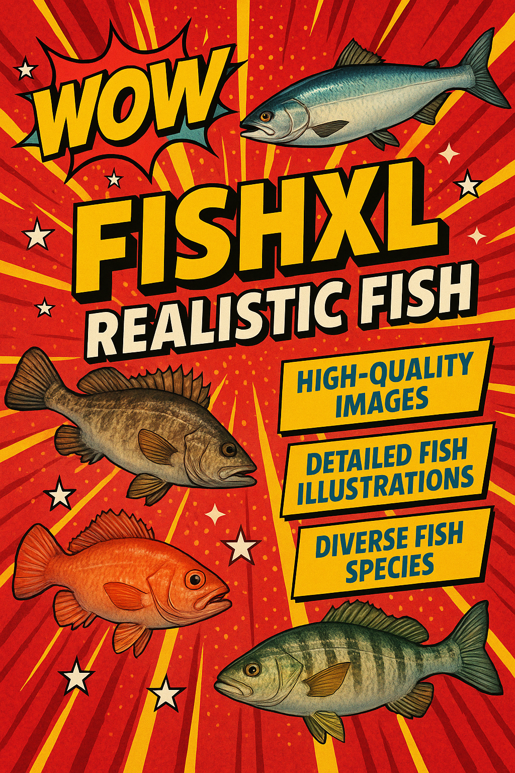 infographic image for an AI image model named FishXL with features that include fish and includes illustrations of fish