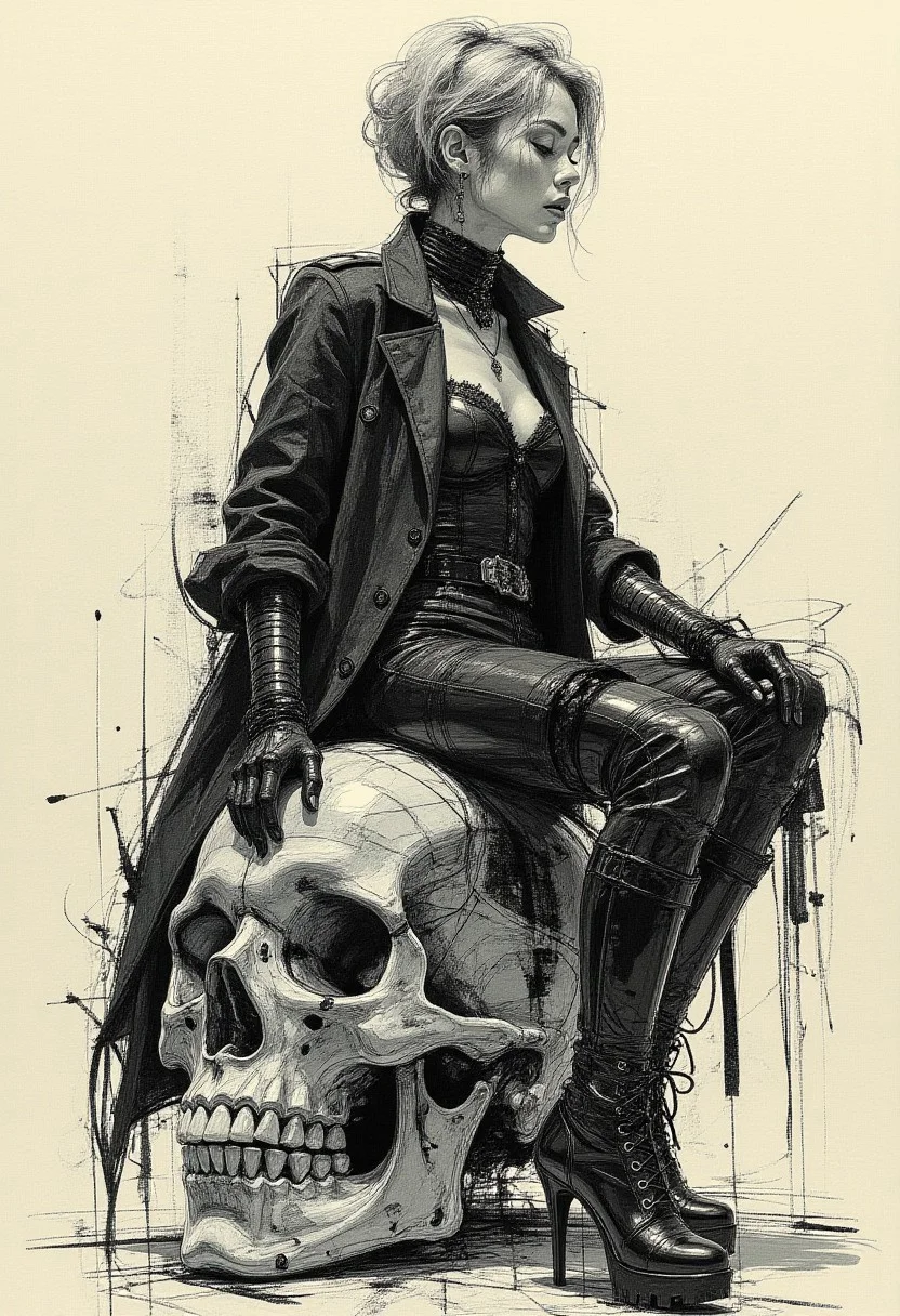 A hyper-realistic, highly detailed colored sketch in the style of ck-ccd, vantablack high-fashion photograph captures a 25-year-old woman with a sharp, angular jawline, sitting confidently atop a highly glossy obsidian metal human skull, its reflective surface capturing intricate dappled shadows. Her tousled, asymmetrical silver bob with undercut layers frames her striking face, accentuated by vantablack eyelines, long lashes, piercing vantablack eyes, and matte vantablack lips. She wears a fully vantablack avant-garde ensembleāa flowing asymmetrical coat with jagged, sculptural sleeves and layered metallic-textured accents, cinched at the waist with a structured corset-like belt. A pair of vantablack cybernetic-inspired fingerless gloves highlight her claw-like manicured nails. Her futuristic footwear consists of towering vantablack platform boots with intricate chrome detailing and sharp, angular soles. Seated in a poised yet assertive posture, her weight subtly shifts on the skull, exuding effortless dominance. The surreal, high-contrast Cucoloris lighting casts fragmented, cinematic shadows across her and the reflective skull, intensifying the dreamlike fusion of high-fashion dystopia and futuristic storytelling.