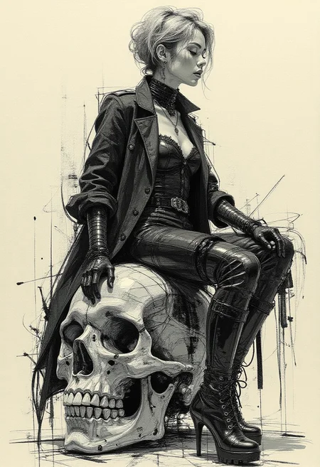 A hyper-realistic, highly detailed colored sketch in the style of ck-ccd, vantablack high-fashion photograph captures a 25-year-old woman with a sharp, angular jawline, sitting confidently atop a highly glossy obsidian metal human skull, its reflective surface capturing intricate dappled shadows. Her tousled, asymmetrical silver bob with undercut layers frames her striking face, accentuated by vantablack eyelines, long lashes, piercing vantablack eyes, and matte vantablack lips. She wears a fully vantablack avant-garde ensemble—a flowing asymmetrical coat with jagged, sculptural sleeves and layered metallic-textured accents, cinched at the waist with a structured corset-like belt. A pair of vantablack cybernetic-inspired fingerless gloves highlight her claw-like manicured nails. Her futuristic footwear consists of towering vantablack platform boots with intricate chrome detailing and sharp, angular soles. Seated in a poised yet assertive posture, her weight subtly shifts on the skull, exuding effortless dominance. The surreal, high-contrast Cucoloris lighting casts fragmented, cinematic shadows across her and the reflective skull, intensifying the dreamlike fusion of high-fashion dystopia and futuristic storytelling.