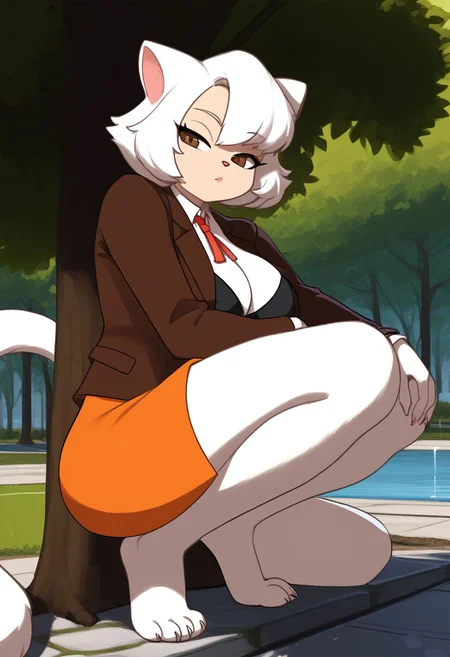 Score_9, score_8_up, score_7, source_cartoon, rating_explicit, adult woman, hair, large breasts, black bra, short skirt, squatting, park, day, tree, solo, from below, (soft painting), cromachina, half-closed eyes, narrowed eyes, eyelashes, SawyerCDDPXL, furry female, furry, tail,animal ears, brown eyes, white hair, white fur, short hair, cat girl, barefoot, skirt, orange skirt, brown jacket