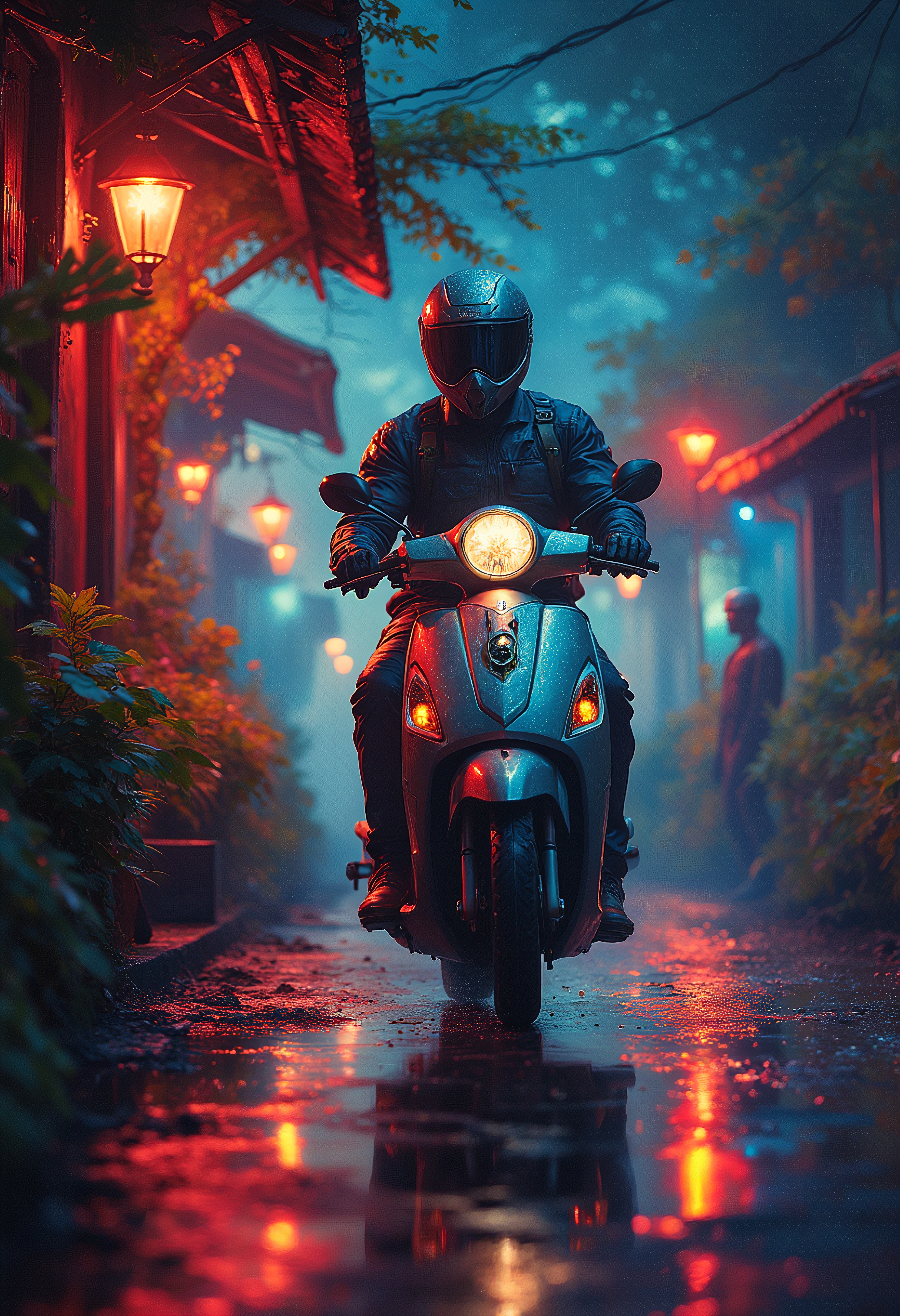 Malaysian Village, moped rider, vibrant glow