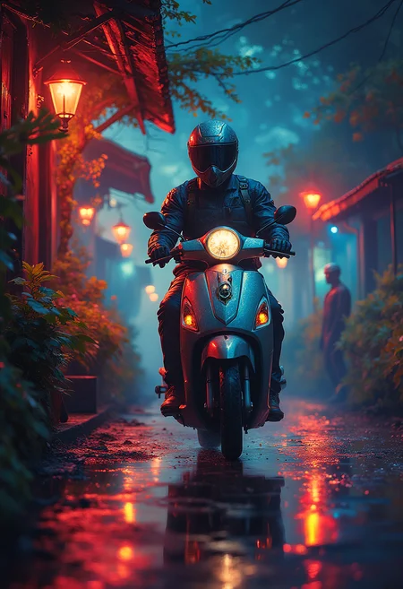 Malaysian Village, moped rider, vibrant glow