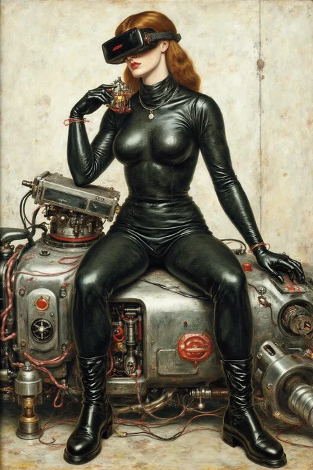 dgr painting.
A striking, futuristic scene depicts a woman dressed in sleek, form-fitting leather attire, sitting confidently atop an open power suit, inspired by the cyberpunk aesthetics of Masamune Shirow. The power suit, a blend of advanced technology and military-grade armor, features intricate mechanical details, exposed wiring, and a robust, yet streamlined design. The woman, wearing a cutting-edge VR headset, exudes a sense of control and mastery over the machine beneath her. Her posture is relaxed yet commanding, with one hand resting on the suit's metallic surface and the other casually holding a piece of advanced tech.   
  <lora:dgr1_cap_d6a3e8:1.0><lora:819487761884003777:0>
