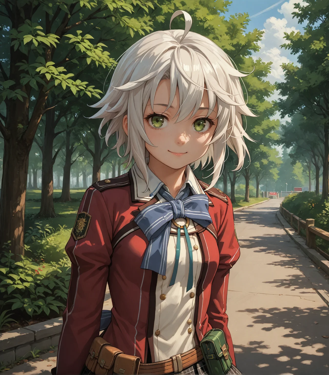score_9, score_8_up, score_7_up, score_6_up, score_5_up, score_4_up, BREAK source_anime,
1girl, solo, <lora:FieClaussellCS1:0.9>, Fie Claussell, white hair, medium hair, ahoge, green eyes, small breasts, petite, school uniform, red jacket, ribbon, plaid skirt, belt pouch, black socks, green shoes,
outdoors, sky, trees,
looking at viewer, smile,
upper body, portrait, front view,