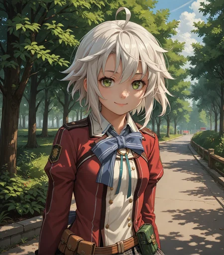 score_9, score_8_up, score_7_up, score_6_up, score_5_up, score_4_up, BREAK source_anime,
1girl, solo, <lora:FieClaussellCS1:0.9>, Fie Claussell, white hair, medium hair, ahoge, green eyes, small breasts, petite, school uniform, red jacket, ribbon, plaid skirt, belt pouch, black socks, green shoes,
outdoors, sky, trees,
looking at viewer, smile,
upper body, portrait, front view,