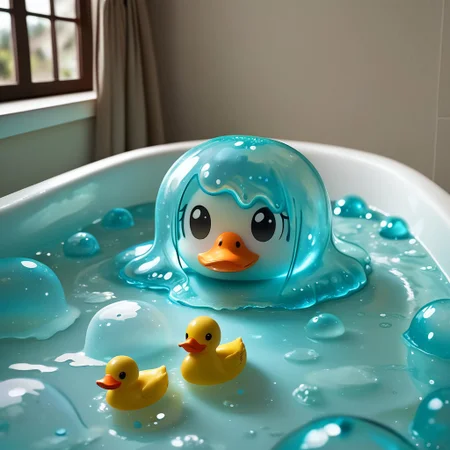 {1rubber duck, 1 rubber duck made out of slime, (slime rubber duck:1.5), yellow slime body, orange slime beak, glossy black eyes, translucent slime rubber duck, transparent slime rubber duck}
hud_sp_bth, flower, petals, water, bath, in an elegant bath tub, bubbles made out of slime, slimes hiding in the bath bubbles, bubble bath, perspective from inside tub, prespective from inside bath,
everything made of slime, No simple background,
((translucent slime)), ((transparent slime)), (bioluminescent slime), sl1m3d, slime, slime-morph, saturated colors, no humans, no people,