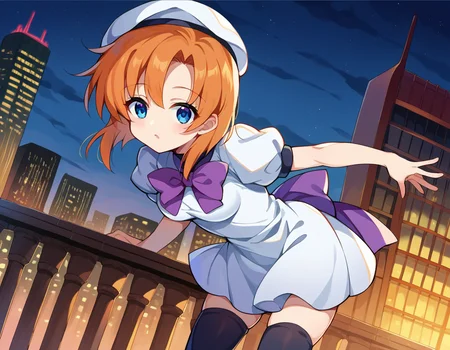 score_9, score_8_up, score_7_up, source_anime,
renaryuuguu, <lora:rena-ryuuguu-ponyxl-lora-nochekaiser:1>,
rena ryuuguu, orange hair, short hair, blue eyes,
beret, black thighhighs, bow, bowtie, dress, hat, puffy short sleeves, puffy sleeves, purple bow, purple bowtie, short sleeves, thighhighs, white dress, zettai ryouiki,
outdoors, cityscape, bent over,
looking at viewer, dutch angle, cowboy shot,