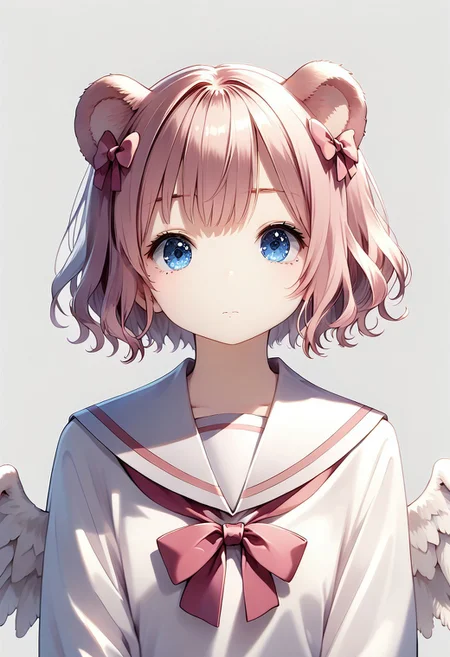 score_9, score_8_up, score_7_up, 1girl, (masterpiece), (best quality), (ultra detailed),(disheveled hair),(illustration), skistyle, solo, pink hair, animal ears, blue eyes, wings, looking at viewer, mole, bangs, short hair, bow, sailor collar, simple background, white sailor collar, mole under mouth, hair bow, pink bow, closed mouth, shirt, white shirt, bear ears, bob cut, mini wings, grey background, portrait, detached wings, makeup, upper body, white background