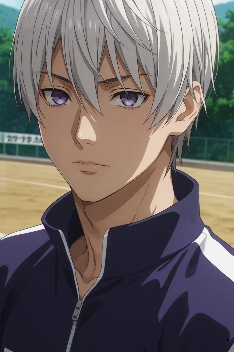 score_9, score_8_up, score_7_up, source_anime, rating_safe, , anime screencap, , , , depth of field, 1boy, solo, male focus, <lora:eishi_tsukasa_pony:0.78>, eishi_tsukasa, white hair, purple eyes, short hair, hair between eyes, , track jacket,, <lora:sdxl_lightning_8step_lora:1>