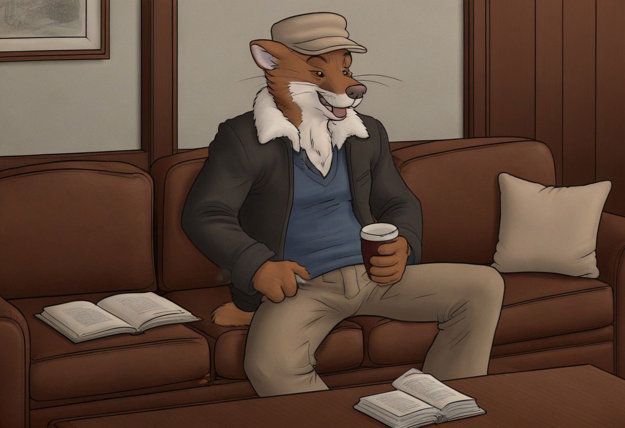 blacksad weekly, solo, 1boy, hat, jacket, tail, male focus, open clothes, pants, sweater, pubic hair, uncensored, male pubic hair, furry, furry male
