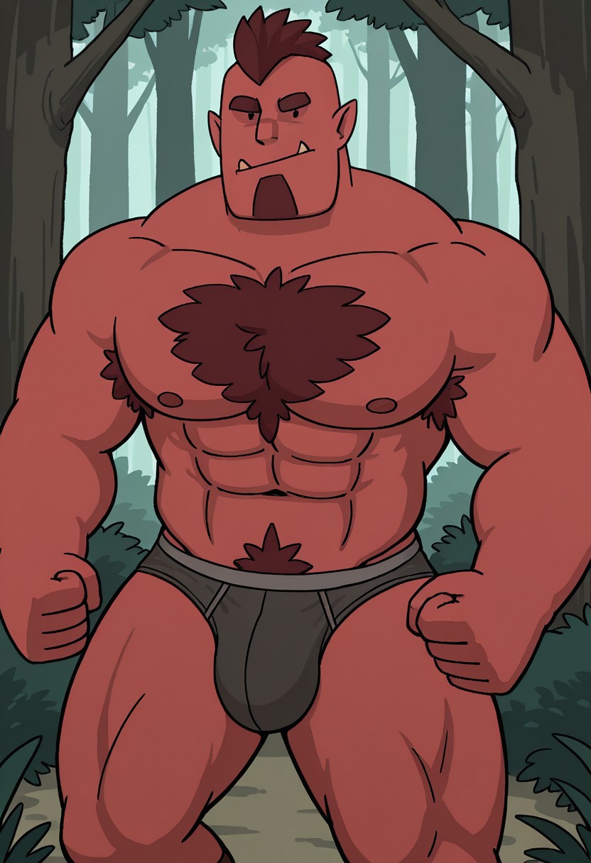 detailed background, detailed background, masterpiece, perfect quality, best quality, detailed, newest, very aesthetic, OrcRMA, tusks, orc, pointy ears, facial hair, short hair, bara, solo, 1boy, male focus, woods background, pectorals, abs, muscular, chest hair, looking at viewer, black dot eyes, (((red skin))), angry, smirk, briefs, bulge, hand on bulge,