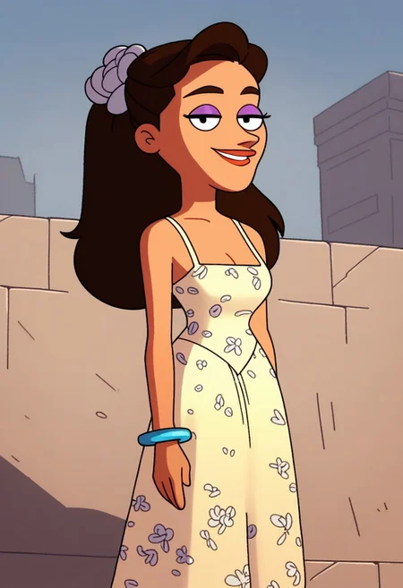 standing cleavage, looking at viewer, smile, upper body, outdoors, score_9, score_8_up, score_7_up, score_6_up, high quality, Shannon_ad, 1girl, solo, brown hair, makeup, purple eyelashes, yellow dress, sleeveless dress, bracelet, white high heels