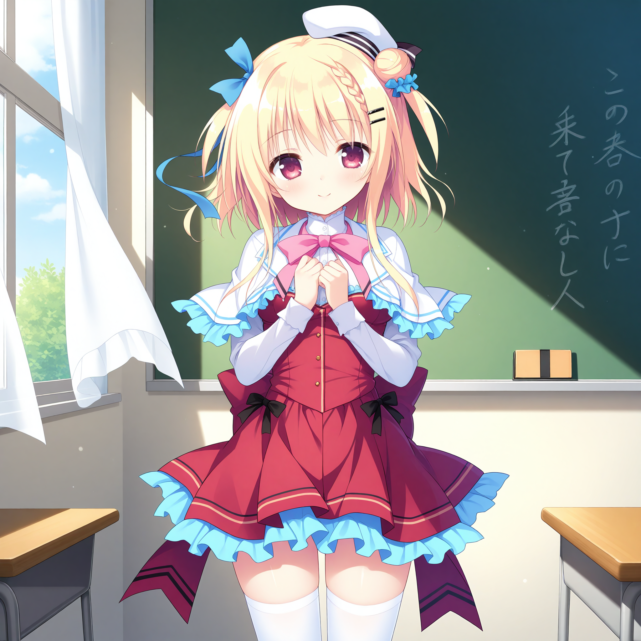 <lora:Futaba_Mikana_1_nai-000034:1>,Futaba Mikana,short hair with long locks,two side up,single hair bun,blue scrunchie,braid,hairclip,hair ribbon,blue ribbon,
school uniform,white headwear,mini hat,white thighhighs,white capelet,pink bow,red skirt,red dress,white shirt,collared shirt,pink bowtie,frilled capelet,frilled skirt,dress bow,black bow,frilled collar,long sleeves,
BREAK
1girl,solo,smile,standing,straight-on,looking at viewer,front view,curtains,window,wind,day,classroom,chalkboard,own hands together,hands on own chest,floating hair,