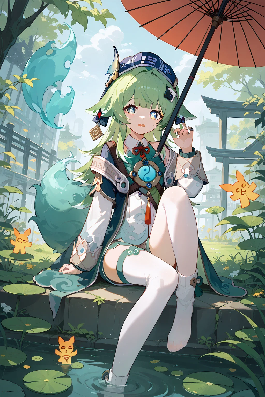 (score_9,score_8_up,score_7_up),<lora:HuoHuo(Honkai Star Rail)-v1-000008:1>,HuoHuo(Honkai: Star Rail),lily pad,1girl,solo,umbrella,oil-paper umbrella,hat,sitting,blue eyes,thighhighs,looking at viewer,tail,long hair,outdoors,bridge,socks,single thighhigh,good feet,long sleeves,open mouth,fox tail,
anime,NSFW,expressive,amazing quality,ultra hd 32k,