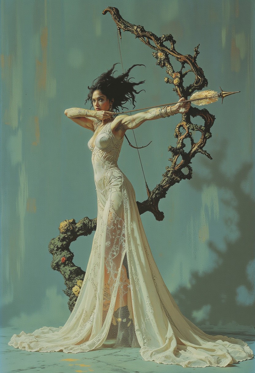A high-resolution, artistic photograph capturing a woman in an elaborate avant-garde outfit, posed dynamically in an archer-like stance against a soft, textured teal background. She holds a magnificent, ornate bow crafted from interwoven metal branches, its intricate, organic design evoking the appearance of an abstract, natural tree. The bow’s metallic sheen contrasts beautifully with the softness of her attire, drawing the viewer’s attention to its unique craftsmanship.
The woman wears a long, flowing white gown that combines lace and fabric, creating a textured, sculptural effect. The gown is form-fitting at the top, featuring long sleeves that enhance its elegant silhouette, and transitions into a voluminous, ethereal train that cascades to the ground, adding movement and drama to the composition. Her hair is styled in a dramatic, tousled fashion, complementing the expressive nature of the image. 
Her intense, focused expression underscores the strength and determination conveyed by her poised stance, making her appear both powerful and otherworldly. The diffused lighting highlights the intricate textures of the gown and the bow, enhancing the photograph's fantastical and artistic essence. This highly stylized composition masterfully blends elements of fashion, fantasy, and fine art, creating a visually striking and imaginative tableau.