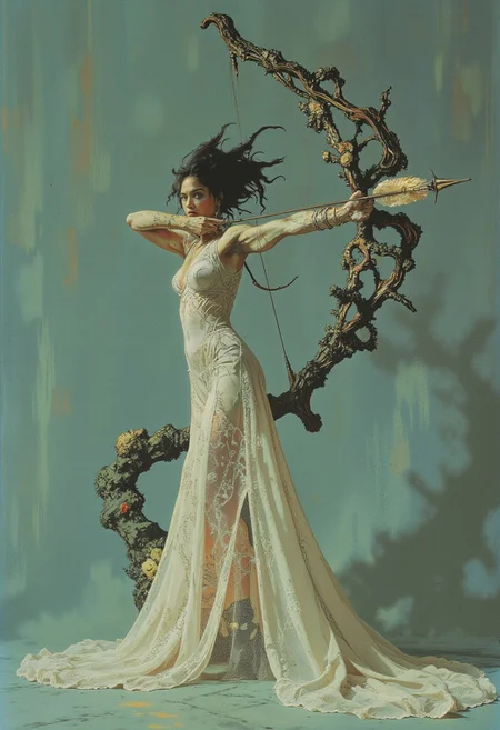 A high-resolution, artistic photograph capturing a woman in an elaborate avant-garde outfit, posed dynamically in an archer-like stance against a soft, textured teal background. She holds a magnificent, ornate bow crafted from interwoven metal branches, its intricate, organic design evoking the appearance of an abstract, natural tree. The bow’s metallic sheen contrasts beautifully with the softness of her attire, drawing the viewer’s attention to its unique craftsmanship.
The woman wears a long, flowing white gown that combines lace and fabric, creating a textured, sculptural effect. The gown is form-fitting at the top, featuring long sleeves that enhance its elegant silhouette, and transitions into a voluminous, ethereal train that cascades to the ground, adding movement and drama to the composition. Her hair is styled in a dramatic, tousled fashion, complementing the expressive nature of the image. 
Her intense, focused expression underscores the strength and determination conveyed by her poised stance, making her appear both powerful and otherworldly. The diffused lighting highlights the intricate textures of the gown and the bow, enhancing the photograph's fantastical and artistic essence. This highly stylized composition masterfully blends elements of fashion, fantasy, and fine art, creating a visually striking and imaginative tableau.